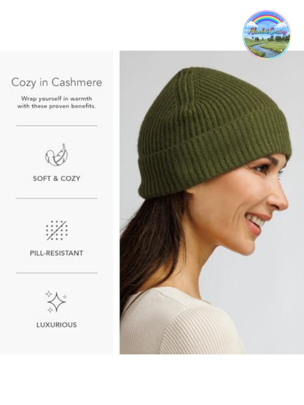 100% Cashmere Cuffed Beanie, Rib Knit Skull Cap, Stretchy & Adjustable